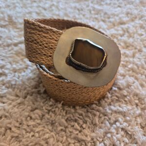 Vintage Straw Belt with Metal & Stone Buckle One Size